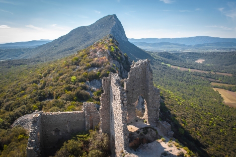 From the top:  Pic Saint Loup (the largest mountain in the distance) with the castle remains in the foreground